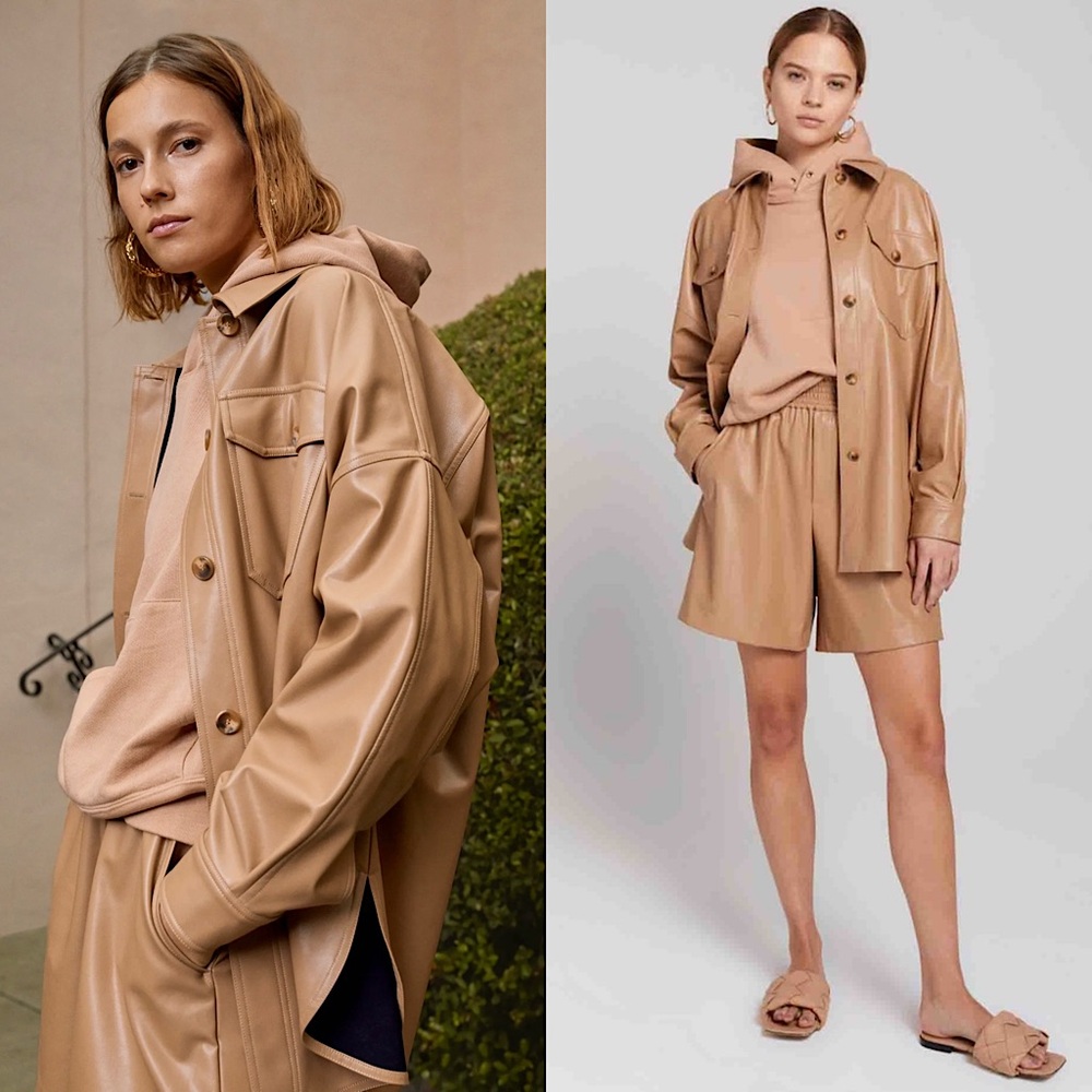 ALC Beige Vegan Faux Leather Oversized Button Up Collared Shirt Jacket Shacket 6